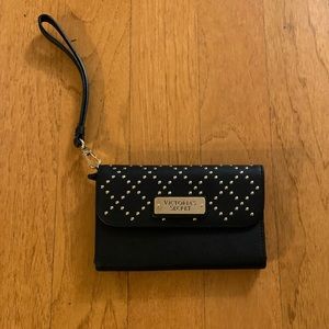 Victoria’s Secret Black Faux Leather Wristlet with Gold Accents